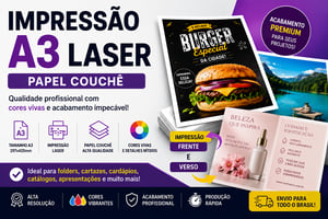 IMPRESSÃO FOLHA A3 - FRENTE E VERSO Couchê 29,7 x 42 cm 4x0  COLORIDO Impressão a Laser