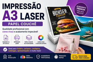 IMPRESSÃO FOLHA A3 - FRENTE Couchê 29,7 x 42 cm 4x0  COLORIDO Impressão a Laser