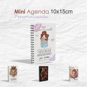 MINI AGENDA PERSONALIZADA 10x15cm CAPA DURA 10X15CM Miolo 1x1 Laminação Corte Reto Miolo Sulfite 63g