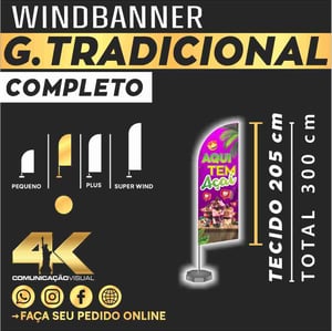 Wind Banner Grande Tradicional Tecido+haste+base Tecido de 2,05x70  Tecido dupla face Pronto para usar 