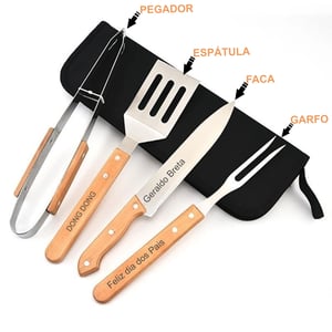 Kit Churrasco 4 Peças personalizado 4 peças em Inox e estojo de nylon com alça.  Gravação a laser   Pegador, garfo, faca e espátula de madeira,