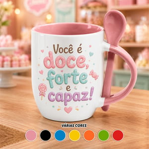 Caneca c/ Colher Personalizada Cerâmica  Alça e Int. Cor com Colher  