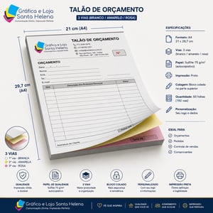 Talão A4 21 x 29,7 cm - Colorido - 3 Via -50x3 folhas - Sulfite 75g Papel Sulfite 75g A4 tamanho 21 x 29,7 cm 4x0 3 Vias 50x3 2 Vias 50x2  - Cola na Borda Menor + Corte Reto 150 Folhas no total Cada Talão