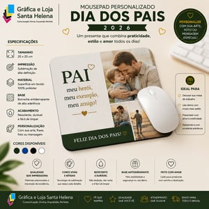 Mausepad 20x20 cm Personalizada - Dia dos Pais Neoprene + borracha 20x20 cm 4x0 100% Poliester  Superfície 100% Poliéster Base 100% Latex Espessura 3 mm