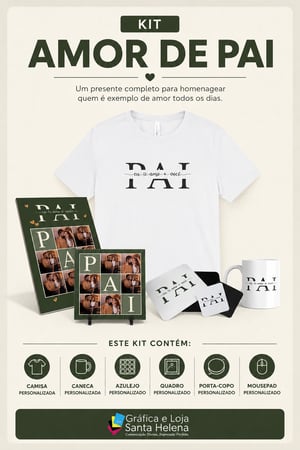 Kit dia dos Pais - Amor de Pai 01 Camisa, 01 Caneca, 01 Azulejo, 01 Quadro, 01 Porta Copos e 01 Mousepad     