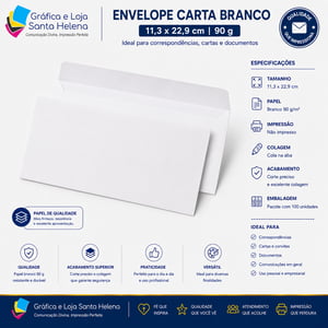 Envelope Carta Branco 11,3 X 22,9 cm Com 90grs Offset 90g 11,3x22,9 cm 4x0   