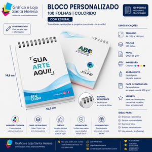 Bloco 10x7 cm - Impressão Colorida - Personalizado - 100fls Sulfite 75g 10x7 cm   Corte Reto 100 Folhas no total