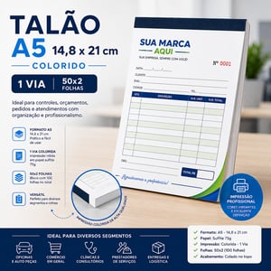 Talão A5 14,8 x 21 cm - Colorido - 1 Via -50x2 folhas - Sulfite 75g Papel Sulfite 75g A5 tamanho 14,8 x 21 cm 4x0  1 Vias 50x2  - Cola na Borda Menor + Corte Reto 100 Folhas no total