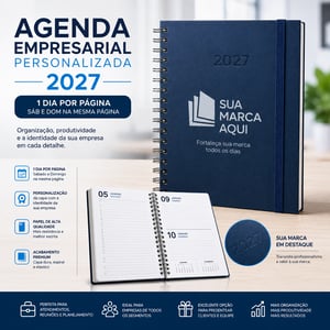 Agenda Empresarial Personalizada 2027 - 1 dia p/ pag e Sáb e Dom mesma pag Papel Sulfite 75g A5 - 14,5 x 21,0 cm Colorida Brilho ou Fosco Capa dura e Expiral de Wire-o 
