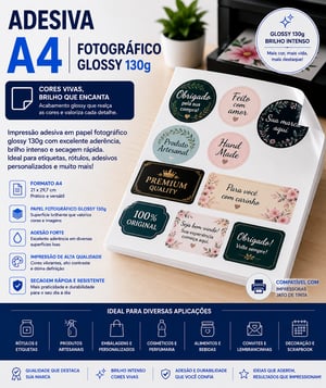 Adesiva A4 - Fotográfico Glossy 130g Adesivol Glossy 130g A4 tamanho 21x29,7 cm 4x0   