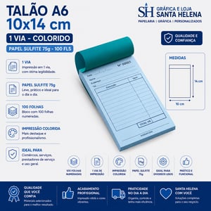 Talão A6 10x14 cm - Colorido - 1 Via - Papel Sulfite 75g - 100 fls Papel Sulfite 75g A6 tamanho 10x14cm   Cola na Borda Menor + Corte Reto 