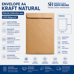 Envelope A4 Kraft Natural Folha 229x324 mm com 80grs/m² - Personalizado Offset 80g 22x32 cm    