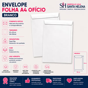 Envelope Folha A4 Ofício Branco 22 X 32 Cm Com 90grs Offset 90g 22x32 cm    