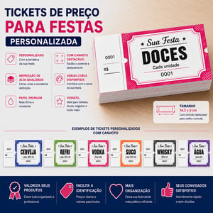 Tickets de Preço para Festas c/ Canhoto - 14,3 x 5 cm - Personalizada Papel Sulfite 75g Tamanho 14,3 x 5 cm 4x0  Corte Reto + Cola 8 por folha