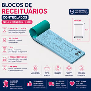 Blocos De Receituários Controlados Azul Ou Retiníocos - 100fls Papel Sulfite 75g tamanho 10x21 cm 4x0 - Colorido Frente e Sem impressão no verso  Cola e Numeração 100 Folhas no total