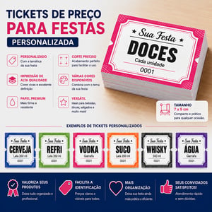 Tickets de Preço para Festas - 7 x 5 cm - Personalizada Papel Sulfite 75g Tamanho 7 x 5 cm 4x0  Corte Reto + Cola 16 por folha