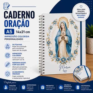 Caderno Oração c/ Capa A5 14x21 cm - Impressão Colorida - Personalizado - 96fls Sulfite 75g A5 tamanho 14x21 cm 4x4 Capa Dura Com Acabamento Corte Reto 96 Folhas no total