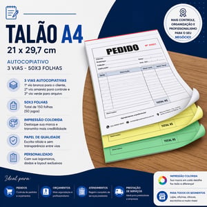 Talão A4 21 x 29,7 cm - Colorido - 3 Via -50x3 folhas - Autocopiativo Papel Autocopiativo A4 tamanho 21 x 29,7 cm 4x0  3 Vias 50x2  - Cola na Borda Menor + Corte Reto 100 Folhas no total