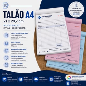 Talão A4 21 x 29,7 cm - Colorido - 2 Via -50x2 folhas - Autocopiativo Papel Autocopiativo A4 tamanho 21 x 29,7 cm 4x0  2 Vias 50x2  - Cola na Borda Menor + Corte Reto 100 Folhas no total