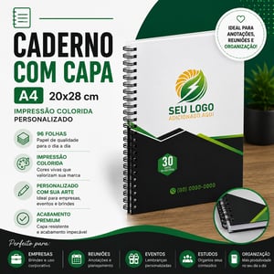 Caderno c/ Capa A4 20x28 cm - Impressão Colorida - Personalizado - 96fls  A5 tamanho 14x21 cm   Corte Reto 100 Folhas no total
