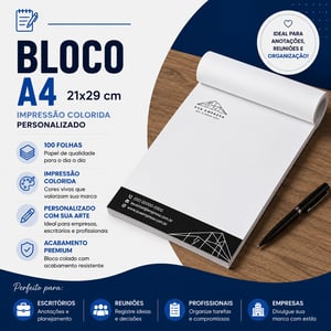 Bloco A4 21x29 cm - impressão Colorida - Personalizado - 100fls  A4 tamanho 21x29 cm   Corte Reto 100 Folhas no total