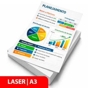 Impressão Laser Colorida A3 em Sulfite 75 g Sulfite 75g 42x29,7cm 4x0 ou 4x4 Sem plastificação Com plastificação  