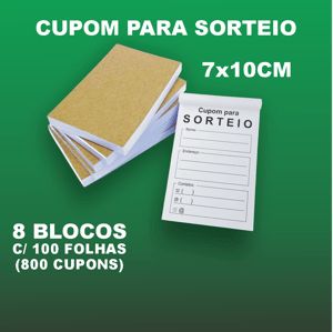 Kit c/ 8 Blocos de Cupom para Sorteio para Urna c/ 100 Folhas cada - Sem personalização