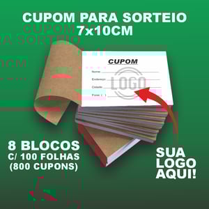 Kit c/ 8 Blocos de Cupom para Sorteio com sua logo para Urna c/ 100 Folhas cada Sulfit 75g 7x10cm 4x0   