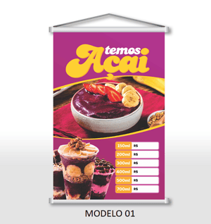 Banner  Açaí (arte pronta, não pode alterar Lona 440g  4x0 Brilho Madeira e cordinha 