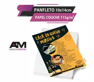 Panfleto 10x14cm - 115g Couchê 115g 10x14cm Só frente ou Frente e verso Sem verniz Corte Reto 