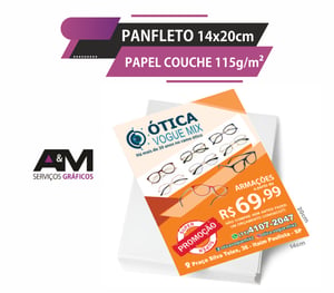 Panfleto 14x20cm - 115g/m² Couchê 115g/m² 14x20cm Só frente ou Frente e verso Sem verniz Corte Reto 