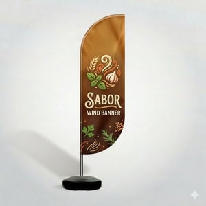 Wind Banner G Estrutura Alumínio 65 x 290cm 4x4 Wind Banner Personalizado modelo G 65 x 290cm, estrutura de alumínio, base redonda preta e impressão dupla face em Ultra-HD. Ideal para eventos e campanhas promocionais. Estrutura Alumínio 