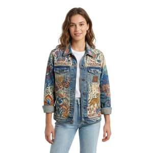 Jaqueta Jeans Estampada Jeans    Costura 