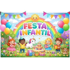 Painel Retangular Horizontal Festa Infantil Malha New 2,20x1,50 4x0 - Colorido Frente  Ilhós e Cordão IMPORTANTE:  Não acompanha qualquer item utilizado para demonstração   Não acompanha estrutura  Não possui emendas