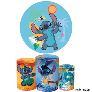 Stitch - Kit Festa (Painel 150cm + Trio de Cilindros) Helanca    Elástico a toda volta Veste fácil