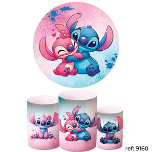 Stitch & Angel - Kit Festa (Painel 150cm + Trio de Cilindros) Helanca    Elástico a toda volta Veste fácil