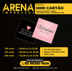 Mini Cartão Visita Papel Couchê 250g ou 300g 4x5 Centimetros Frente e Verso Colorido Fosca + Verniz Localizado 4 Cantos Retos Entrega em até 5 dias úteis