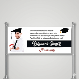 Faixa Faculdade - 130x60cm Lona 440g  4x0  Madeira e cordinha 