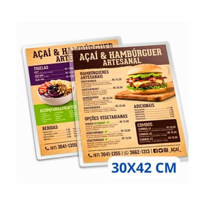 Cardápio Plastificação Rígida 30x42 Couchê 150g com Plastificação Rígida 0,10mm 300mm x 420mm 4x4 (Cores Frente e Verso)   
