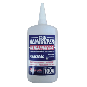 Cola Instantânea Almasuper Ultrarrápida 100g  100g    Cola instantânea com formulação ultrarrápida e alta resistência. Cura funcional em segundos, total em 24 horas. Adequada para superfícies porosas e não porosas. Excelente desempenho em materiais como madeira, couro e plásticos.