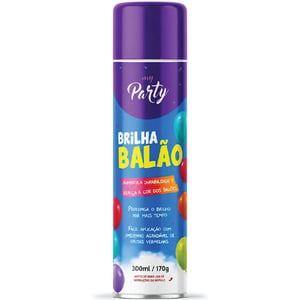 SPRAY BRILHA BALÃO COM GLITTER 300ML      Fácil de aplicar. Resultado imediato. Pulverize e veja o brilho com glitter acontecer! Aumenta a durabilidade e realça a cor dos balões. Prolonga o brilho por mais tempo. Aplicação com cheirinho agradável de frutas vermelhas.