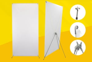 Suporte: X  para lonas de 95x195cm Cinza e Branco Fosco Dobrável Uso interno, material não resistente a ação do vento.