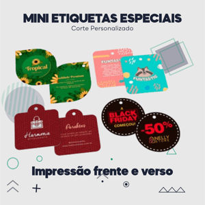 Mini Etiquetas Especiais Dois Lados Couchê 250g 4,5x5cm Impressão somente frente - 4x4 UV Brilho Total Corte Personalizado 