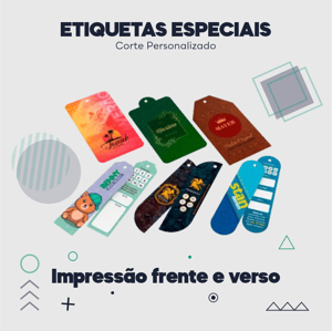 Etiquetas Especiais Dois Lados Couchê 250g 9x5cm Impressão somente frente - 4x4 UV Brilho Total Corte Personalizado 