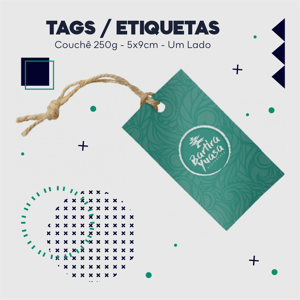 Etiquetas para roupa um lado Couchê 250g 9x5cm Impressão somente frente - 4x0 UV Brilho Total Cantos Retos 