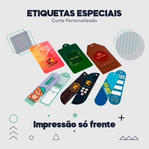 Etiquetas Especiais Um Lado Couchê 250g 9x5cm Impressão somente frente - 4x0 UV Brilho Total Corte Personalizado 