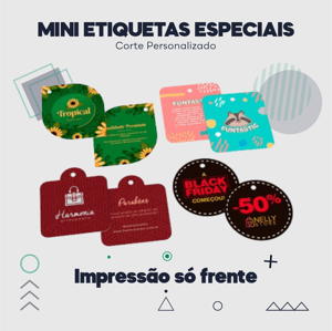 Mini Etiquetas Especiais Um Lado Couchê 250g 4,5x5cm Impressão somente frente - 4x0 UV Brilho Total Corte Personalizado 