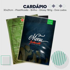 Cardápio Plastificado Impermeável A4 Glossy Brilho 180g 21x30cm 4x4 - Frente e Verso Plastificado Cantos Retos 