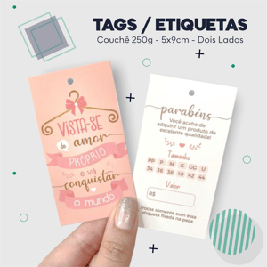 Etiquetas para roupa dois lados Couchê 250g 9x5cm Impressão frente e verso colorida - 4x4  Cantos Retos 