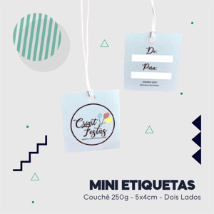 Mini Etiquetas para roupa Dois Lados Couchê 250g 4,3x4,8cm Impressão frente e verso colorida- 4x4 UV Brilho Total Cantos Retos 